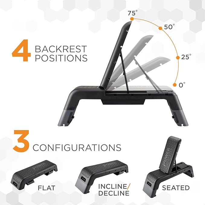 Power Systems Step Bench & Weight Bench | Aerobic Platform & Plyo Box for Cardio, Strength | Commercial Grade Full Body Home Gym Stepper | Adjustable Multifunctional Deck & Resistance Band Clips