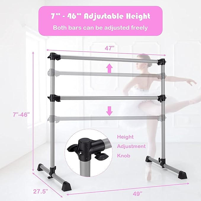 Costzon Portable Ballet Barre, 4FT Adjustable Double Freestanding Ballet Bar w/Anti-Skid Pad, Stable Base, Heavy-Duty Dancing Stretching Bar for Home, Fitness, Ballet