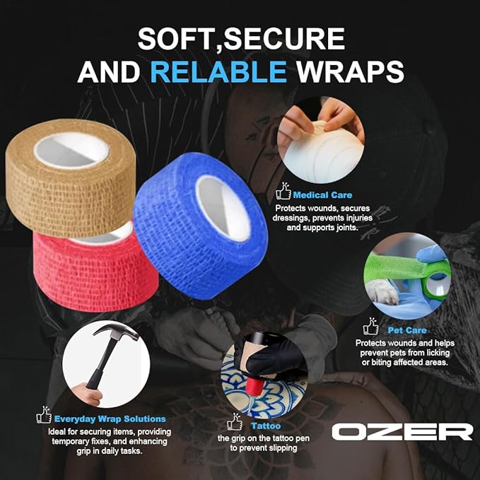 OZER 12 Pack 1 Inch x 5 Yards Self Adhesive Bandage Breathable Cohesive Bandage Wrap Rolls Elastic Self-Adherent Tape for Stretch Athletic, Sports, Wrist, Ankle (1 lnch Tan, 1lnch)