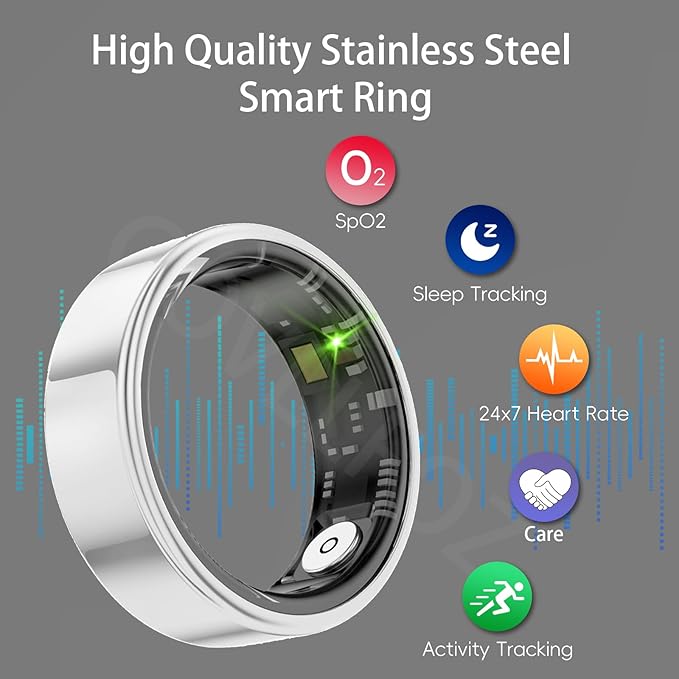 Smart Ring Health Tracker, Fitness Sleep and Heart Rate Monitor Smart Ring, Waterproof Bluetooth Fitness Tracker Ring IPX68 Waterproof (Silver, 13)