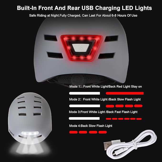 Bike Helmets for Adults - Front and Rear LED Lights Adjustable Bicycle Helmet for Adults Men Women Scooter Helmet for Commuting, Road Biking, Skating, Scooter