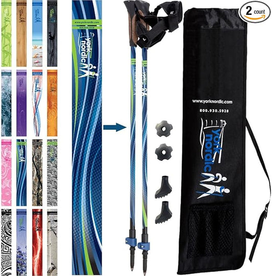 Official Nordic Walking Poles - True Classic Nordic Glove Grips, Lightweight, Adjustable, and Collapsible -2 Pieces w/flip Locks, Detachable Feet and Travel Bag by York Nordic - Heights 5'4"-6'2"
