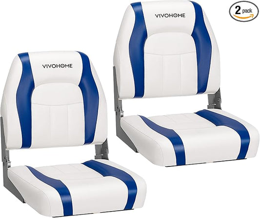 VIVOHOME Folding Low Back Boat Seats 2 Pack, Waterproof Boat Captain Chairs, 4 Mounting Screws Included, White and Blue