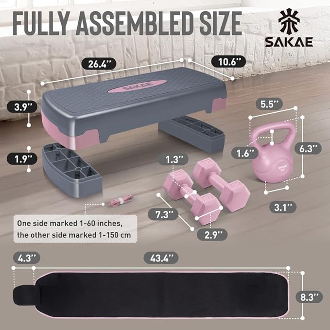 SAKAE Adjustable Aerobic Stepper Kit with Dumbbells & Kettlebell & Weightlifting Belt & Measuring Tape, 2 Level Risers Exercise Step Platform for Home Gym Exercise Fitness Workout, Multiple Colors