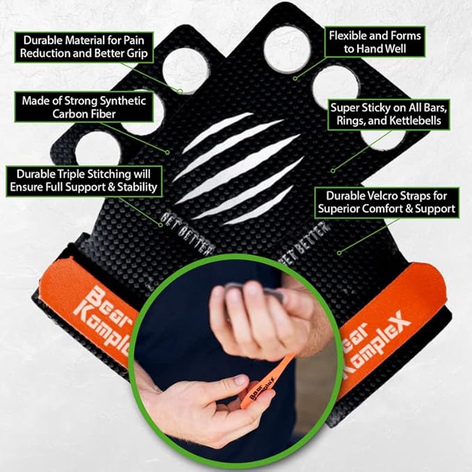 Bear KompleX - Cross Training Grips, Pull Up Hand Protection for Men and Women, Gymnastics and Weightlifting Carbon Fiber Wrist Wraps, Premium Workout Equipment for Gymnastic Bars & Training - 2 Hole