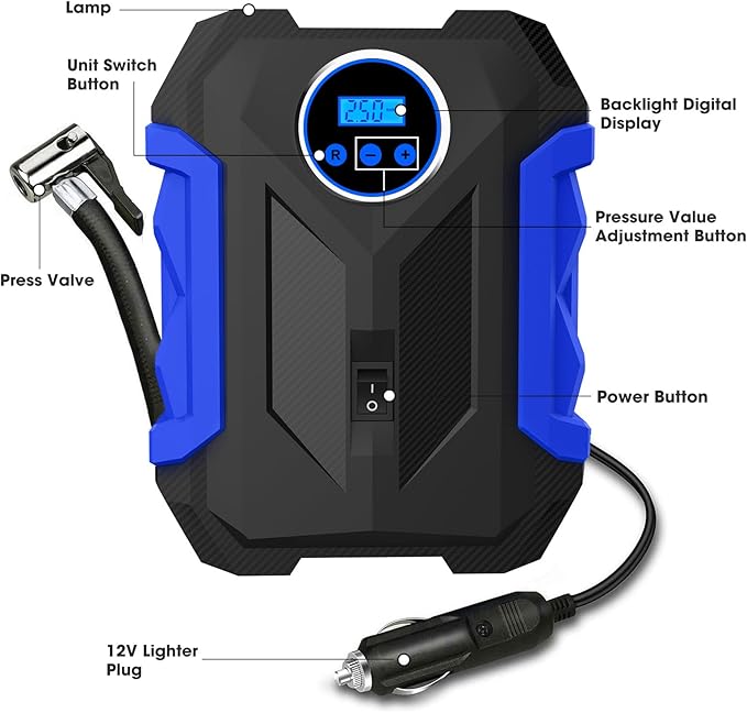 Digital Air Compressor for Car Auto Pump Portable Tire Inflator with LED Light DC 12V, Blue