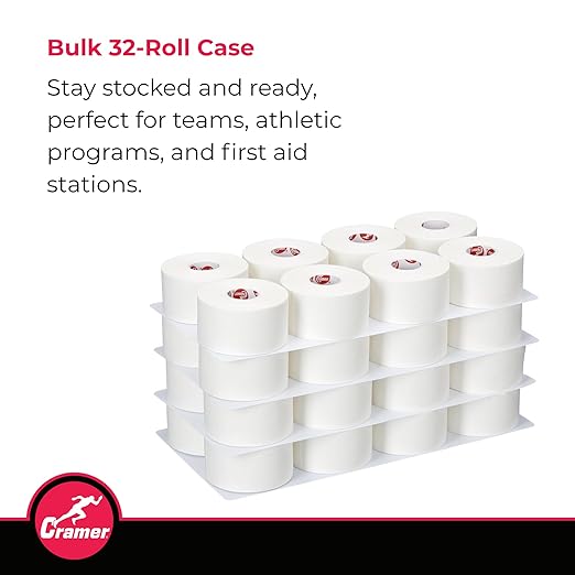 Cramer Team Color Athletic Tape, White, For Ankle, Wrist, and Injury Taping, Helps Protect and Prevent Injuries, Promotes Faster Healing, Athletic Training First Aid Supplies, 1.5", Bulk 32 Roll Case