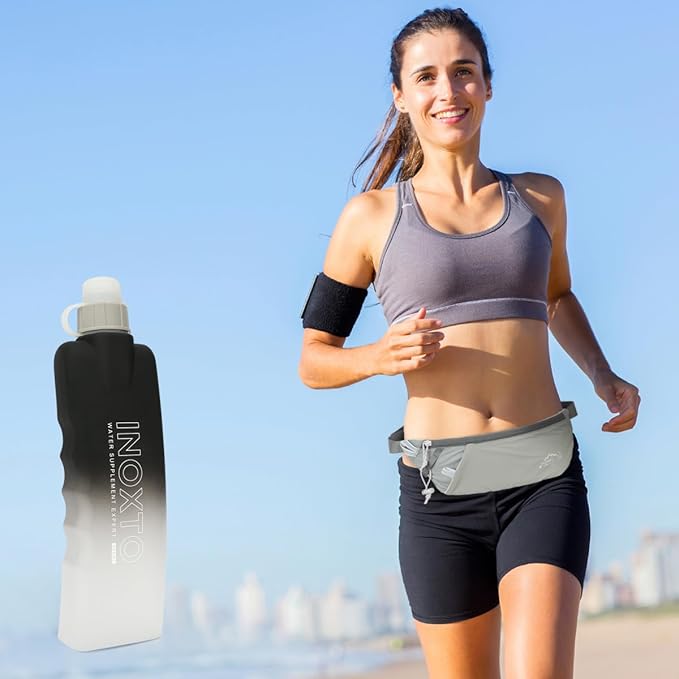 INOXTO Slim Running Belt Fanny Pack for Women and Men Sports Waist Bag Pack with 300ml Water Bottle for Running Walking Cycling Hiking Reflective Running Pouch Belt for All Phones (Gary)