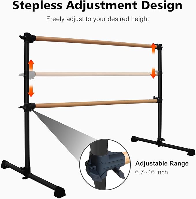 4FT/6FT Freestanding Ballet Barre Wood/Steel Height Adjustable from 7 to 46 inch Ballet Bar Portable Double Dance Bar for Home Workout and Stretch