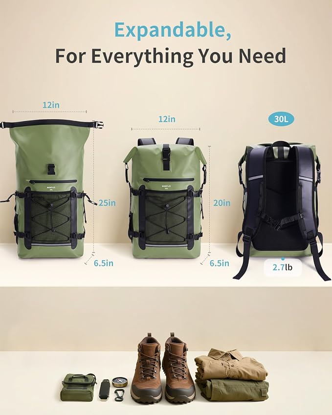 ECOHUB Waterproof Backpack for Women Men, 30L Roll-Top Closure Heavy Duty Dry Bag for Travel with IPX8 Waterproof Phone Case