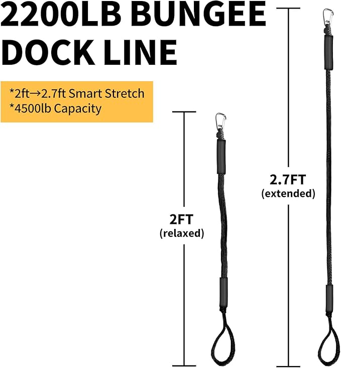 Bungee Dock Lines for Boats, 2 Feet, Pack of 2 (Black)