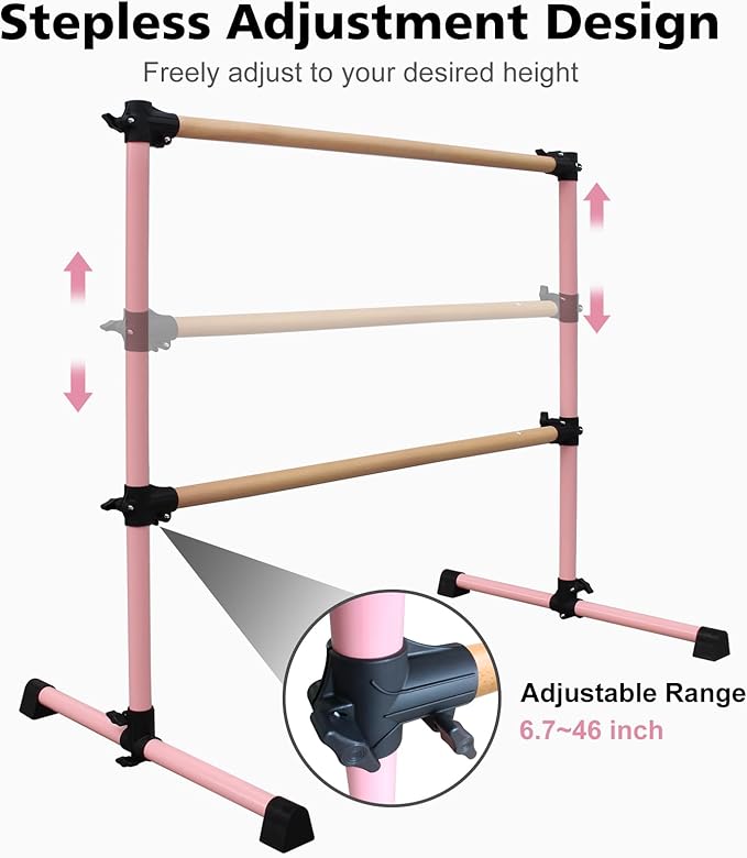 4FT/6FT Freestanding Ballet Barre Wood/Steel Height Adjustable from 7 to 46 inch Ballet Bar Portable Double Dance Bar for Home Workout and Stretch