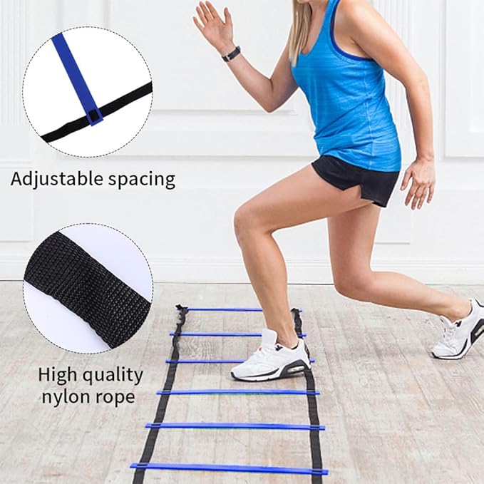 Agility Ladder Speed Training Equipment Set 20ft Agility Ladder, 4 Steel Stakes, 12 Soccer Cones, Running Parachute and Carry Bag, Speed Training Equipment for Soccer Football Basketball