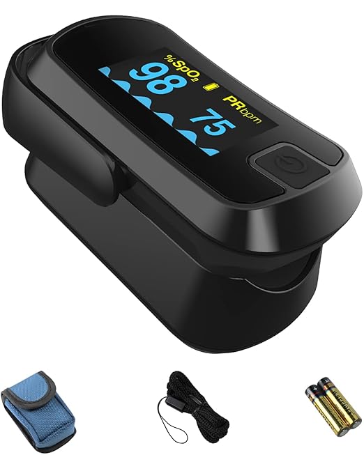 MIBEST Black OLED Finger Pulse Oximeter - Blood Oxygen Saturation Monitor - SPO2 Pulse Oximeter - Portable Oxygen Sensor with Included Batteries - O2 Saturation Monitor with Respiration Rate and PI
