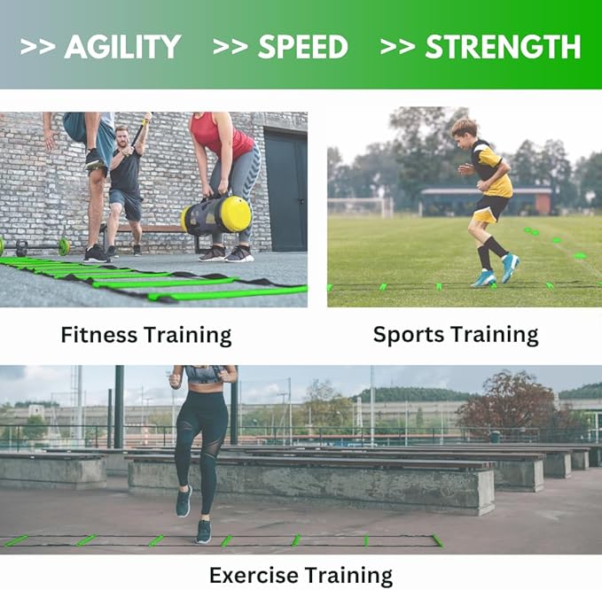 DELUXE EDITION Agility Ladder Training Set - 13 Rung 21ft Agility Ladder w/13 Disc Cones, Carry Bag - Improve Speed & Strength Soccer, Football, Basketball w/4 Steel Pegs for Outdoor Workout Charts