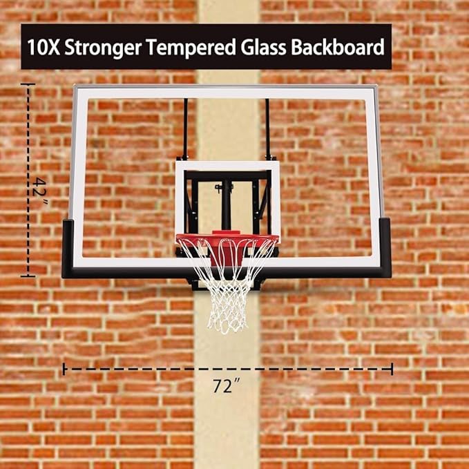 Katop Wall Mount Basketball Hoop with 60"x36", 72"x42" Tempered Glass Backboard, Effortlessly Height Adjustable from 7.5' to 10', Pre Installed Pads and Heavy Duty Basketball Rim and Net
