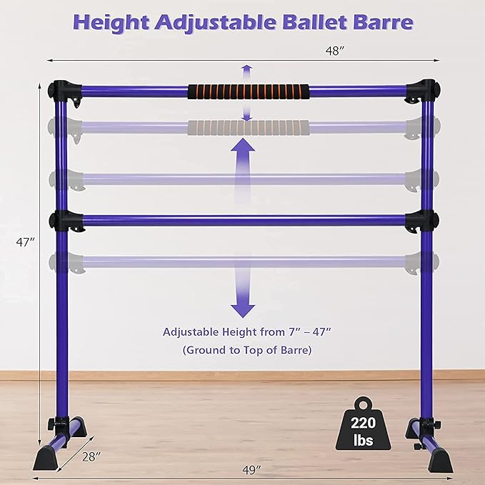 Costzon Portable Ballet Barre, 4ft Freestanding Double Ballet Bar with Adjustable Height, Fitness Dance Bar w/Foam Pads for Stretching, Home Gym Barre Exercise Equipment for Kids & Adults