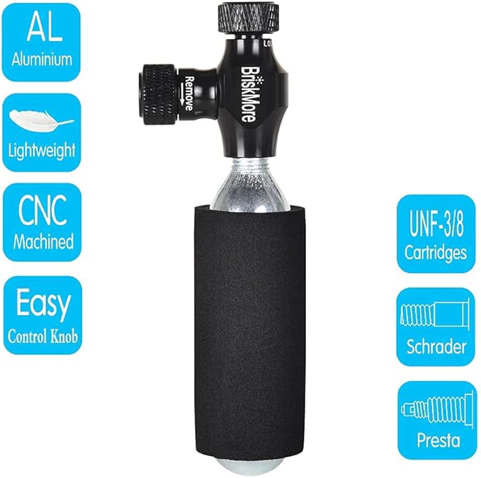 CO2 Inflator Kits with 9X16g or 5 X 16g CO2 Cartridges, Presta and Schrader Valve Compatible, Bike Tire CO2 Pump, Included Insulated Sleeve
