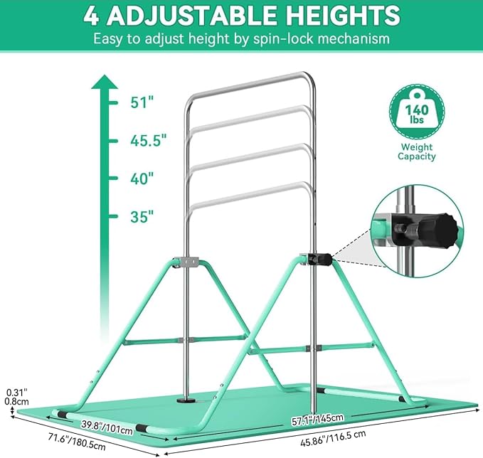 FBSPORT Gymnastics Bar for Kids, Adjustable Height Gymnastic Horizontal Bars,Junior Training Bar Children Folding Training Monkey Bars for Home Using
