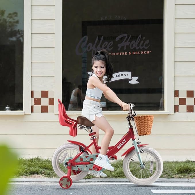 RULLY Fruit Kids Bike 12 14 16 Inch Bicycle for Girls Ages 2-7 Years, Training Wheels Included, Girl Bikes with Basket & Doll Seat