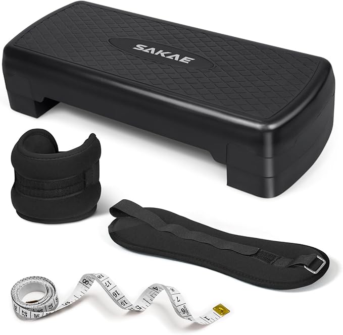 Adjustable Height Aerobic Stepper Set, Multiple Bundle Options with Dumbbells, Kettlebell, Waist Trimmer, Ankle Weights or Weighted Vest, Workout Exercise Step Platform w/Level Risers, 4 Colors