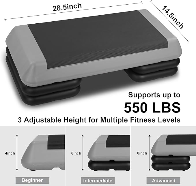 Exercise Workout Aerobic Step Platform Trainer, 28.5" Aerobic Stepper with 4"-6"-8" Adjustable Height Risers