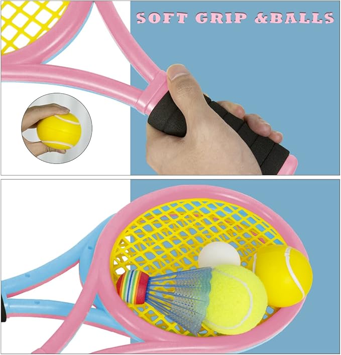Kids Tennis Rackets with Carrying Bag,Soft Training Balls and Badminton Birdies,12 in 1 Tennis Racquets Gift Set for Children Outdoor Indoor Sports