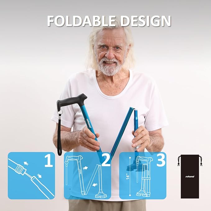 REHAND Walking Cane for Men & Women - Foldable, Adjustable, Lightweight, Self Standing Pivot Walking Cane, Soft Handle Grip, with Travel Bag, Walking Sticks for Seniors & Adults