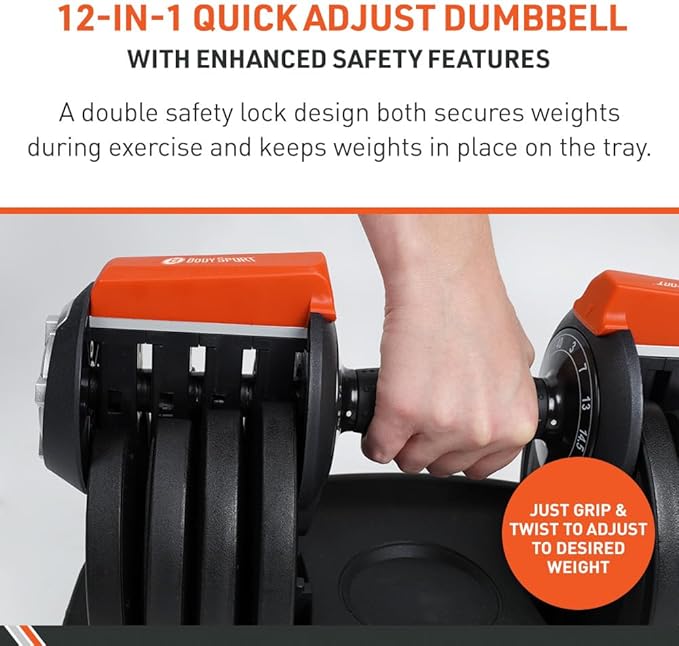 BodySport 40 Pound Adjustable Dumbbells – Includes 12 Free Weights, Ranging from 3 to 40 Pounds, Ideal for Home Gym Workouts and Weight Training
