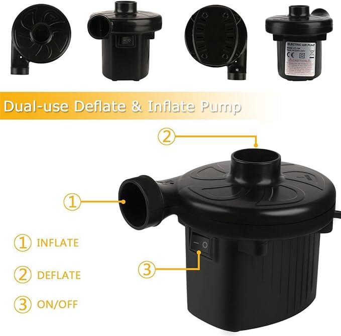 FBve Electric Air Pump, 100-240V AC/12V DC Portable Electric Air Mattress Pump, Quick-Fill Inflator/Deflator with 3 Nozzles for Outdoor Camping, Inflatable Cushions, Air Mattress Beds, Boat