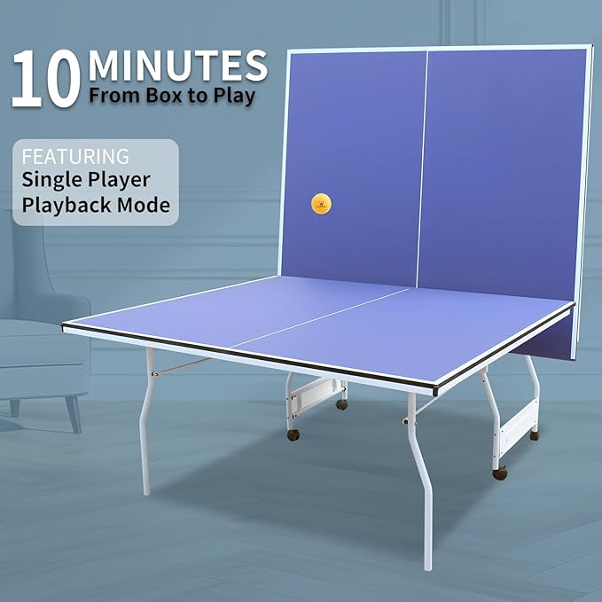 Professional Table Tennis Table, Foldable Ping Pong Game Set for Indoor, 8FT 9FT Single Player Playback Mode Ping Pong Table with Net and Post Set, 2 Paddles and 3 Balls