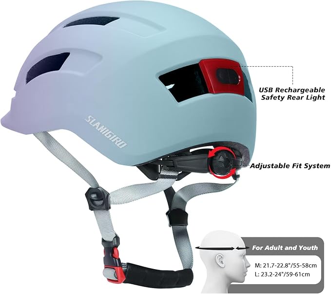 Adult Urban Bike Helmet - Adjustable Fit System & Integrated Taillight for Men Women