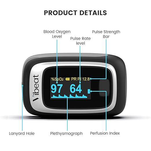Bluetooth Fingertip Pulse Oximeter, Vibeat SPO2 Monitor with Vihealth APP, Portable Finger Oxygen Sensor with Pulse Rate, Batteries and Lanyard Included, Black