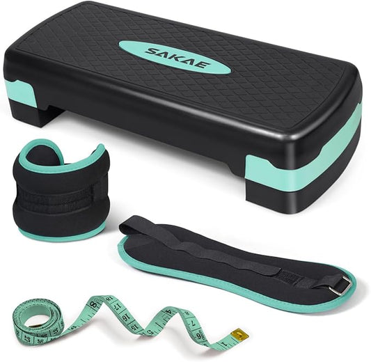 Adjustable Height Aerobic Stepper Set, Multiple Bundle Options with Dumbbells, Kettlebell, Waist Trimmer, Ankle Weights or Weighted Vest, Workout Exercise Step Platform w/Level Risers, 4 Colors