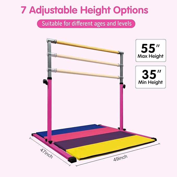 XDEMODA The Latest Model Gymnastics Bar for Kids Ages 3-15 for Home, Anti-Slip, Easy to Assemble, 35” to 55” Adjustable Height Gymnastic Horizontal Bars Equipment