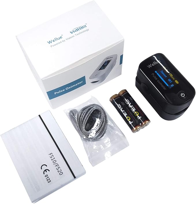 Wellue Fingertip Pulse Oximeter, Blood Oxygen Saturation Monitor with Batteries & Lanyard for Wellness Use Bluetooth, Black