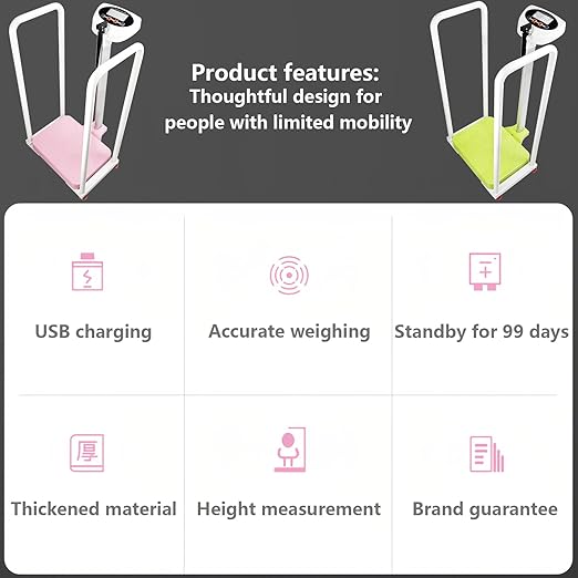 Armrest Electronic Medical Height and Weight Scale,20" L x 12" W x34 H, Up to 420lb Weight Capacity, 75” Height Measurement, LCD Display, USB Charging, Temperature Display (Fresh Green)