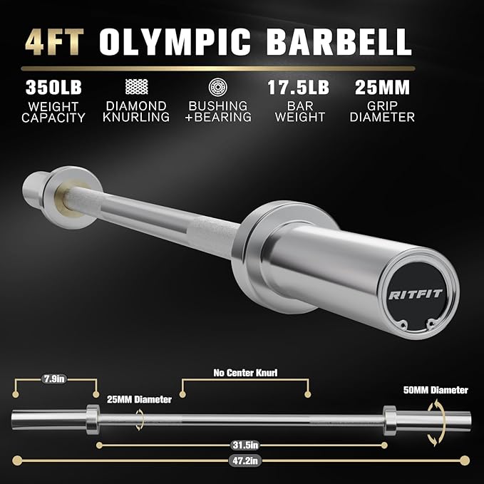 RITFIT Olympic Barbell 4ft/4.8ft/6ft - 2 Inch Weight Bar for Strength Training, Weightlifting, Squat, Deadlift, Bench Press, Curl, Overhead Press - 350lbs/500lbs Capacity