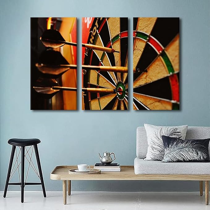 3 Piece Giclee Canvas Prints Wall Art Dart Hits the Bullseye Paintings Inspirational Wall Art for Living Room Sports Theme Home Decorations Stretched Framed Artwork Ready to Hang(28" Wx42 H)