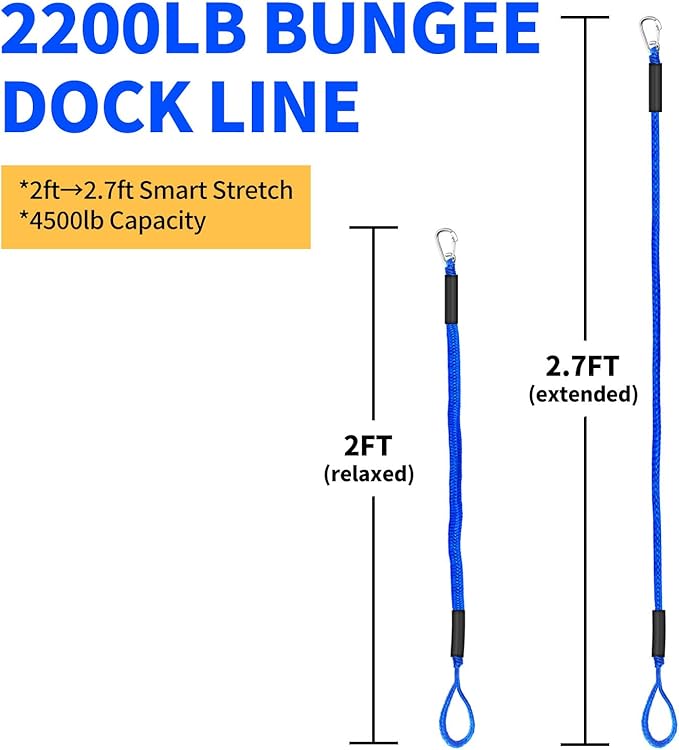 Bungee Dock Lines for Boats, 2 Feet, Pack of 2 (Blue)