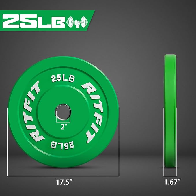 RitFit Color Coded Olympic Bumper Plate for Barbell - 2-Inch Weight Plates With Steel Insert, Rubber Weights for Strength Training in Home Gym