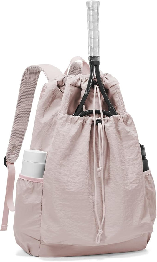 Tennis Racket Bag for Women, Waterproof Tennis Badminton Backpack 2 Racquets, Drawstring Racket Case for Ball Paddles