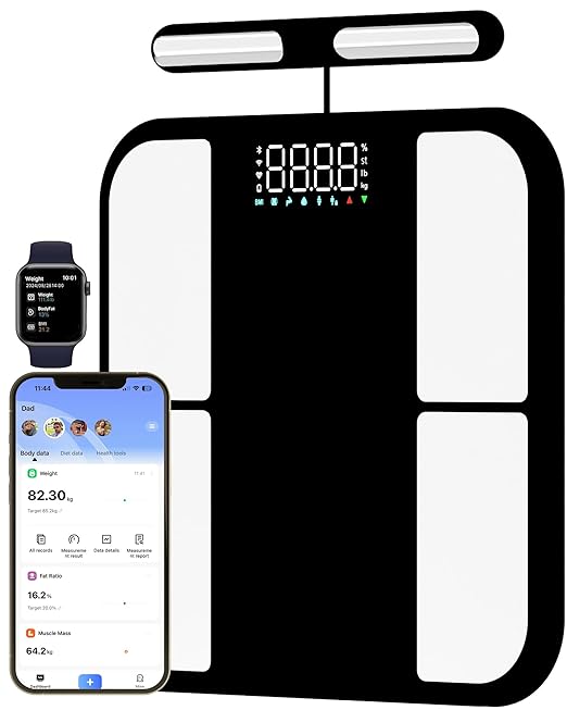 Scale for Body Weight - 8 Electrodes High Precision Digital Scale for BMI - 46 Body Composition Metrics - Bluetooth Bathroom Scale with LED for Home/Fitness