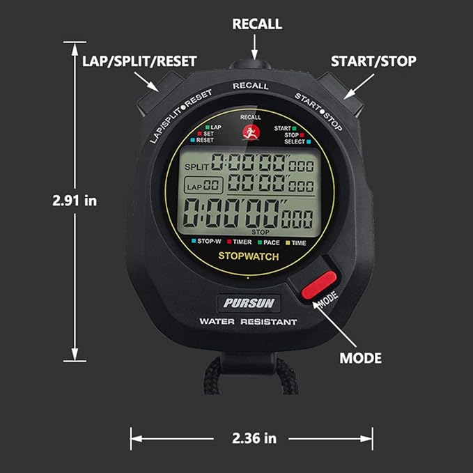 Sport Stopwatch Timer with 100X2laps Split Memory/0.001second Timing,Professional Recall Stop Watch Large Display Alarm Clock Multifunctional for Coach Referee Swimming Running Marathon Competition