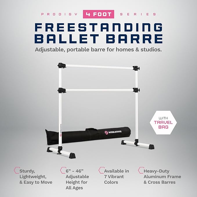 VITA Barre Portable Freestanding Double Ballet Barre, Prodigy, with Carry Bag | Adjustable Height, USA Made, Home or Gym Exercise Equipment for Kids & Adults | Dance, Fitness, Pilates