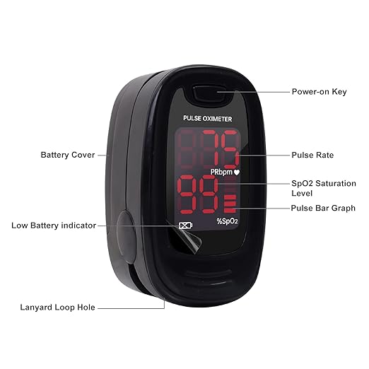 CONTEC CMS50M Pulse Oximeter Fingertip Blood Oxygen Saturation Monitor SpO2 and PR Bar Graph Blood Oxygen, Neck/Wrist Cord LED Display, Black
