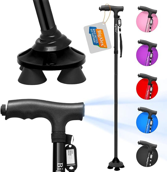 BigAlex Folding Walking Cane with LED Light,Pivoting Quad Base,Adjustable Walking Stick with Carrying Bag for Men/Women