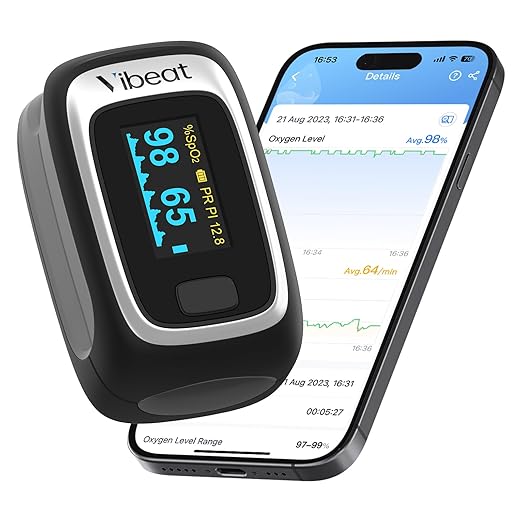 Bluetooth Fingertip Pulse Oximeter, Vibeat SPO2 Monitor with Vihealth APP, Portable Finger Oxygen Sensor with Pulse Rate, Batteries and Lanyard Included, Black