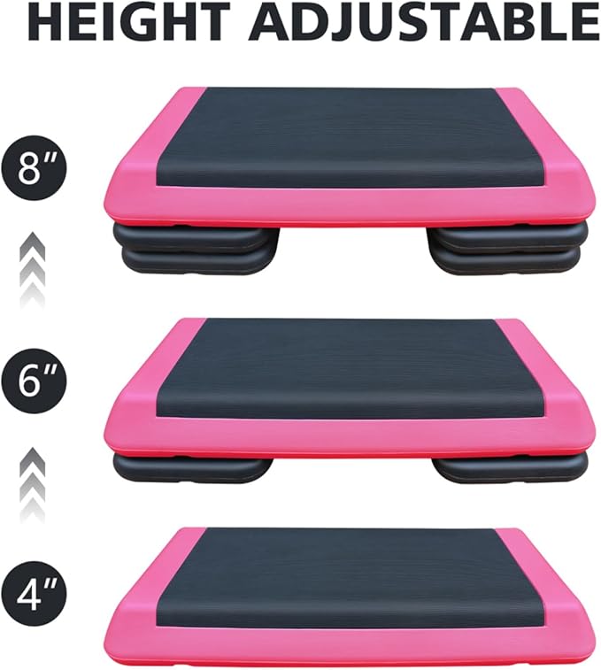 Househould Adjustable Workout Aerobic Stepper in Fitness & Exercise Step Platform Trainer Pink Black with 2 or 4 Risers