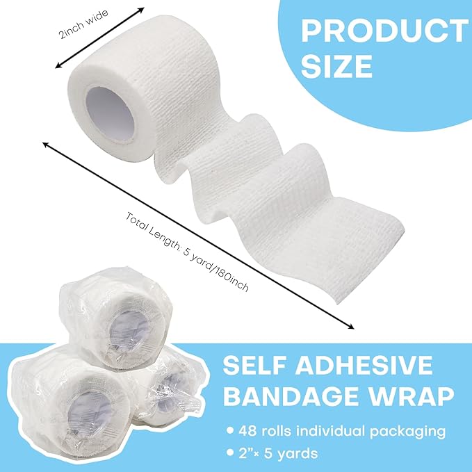 48 Pack 2” x 5 Yards Self Adhesive Bandage Wrap, Elastic Breathable Cohesive Bandage Wrap Athletic Stretch Tape for Wrist Ankle Sports (White)